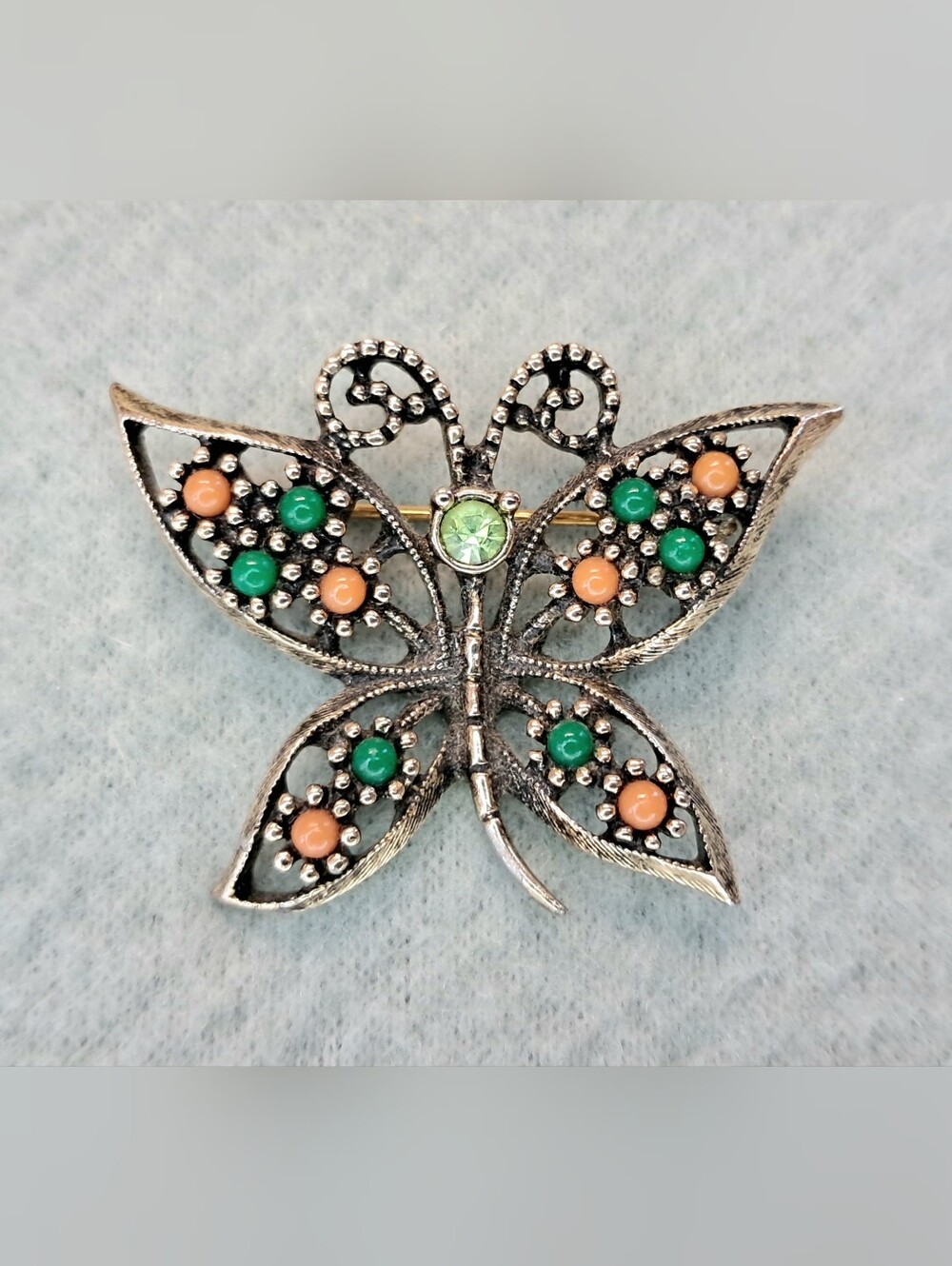 Sarah Coventry Vintage 70s Butterfly Brooch Silver Faux Jade Coral